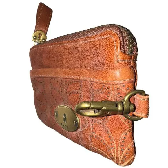 FOSSIL Keyhole Brown Leather Flower Pattern with Clip - Picture 5 of 10